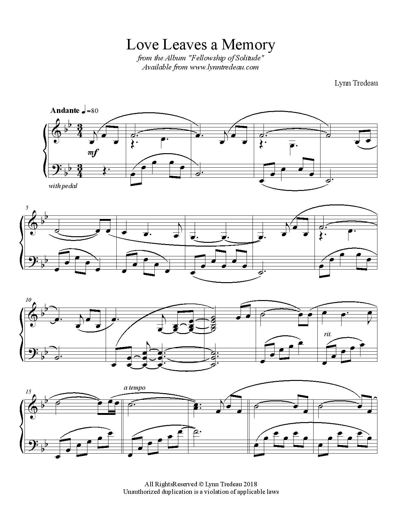 Love Leaves a Memory - (PDF Sheet Music) – Lynn Tredeau